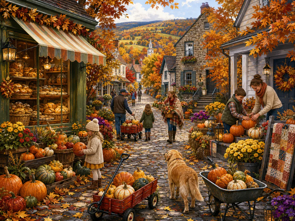 Autumn Pumpkin Lane, an illustrated seasonal celebrations jigsaw puzzle scene