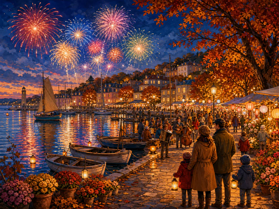 Autumn Firework Harbor, an illustrated seasonal celebrations jigsaw puzzle scene