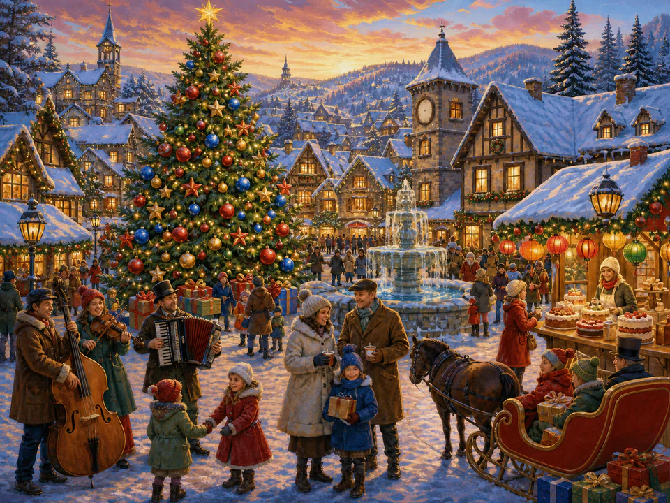 Christmas Village Festival, an illustrated seasonal celebrations jigsaw puzzle scene