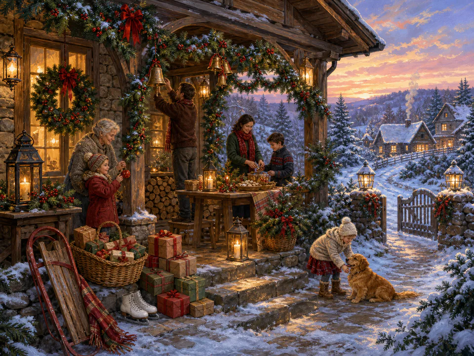 Christmas Decorated Porch, an illustrated seasonal celebrations jigsaw puzzle scene