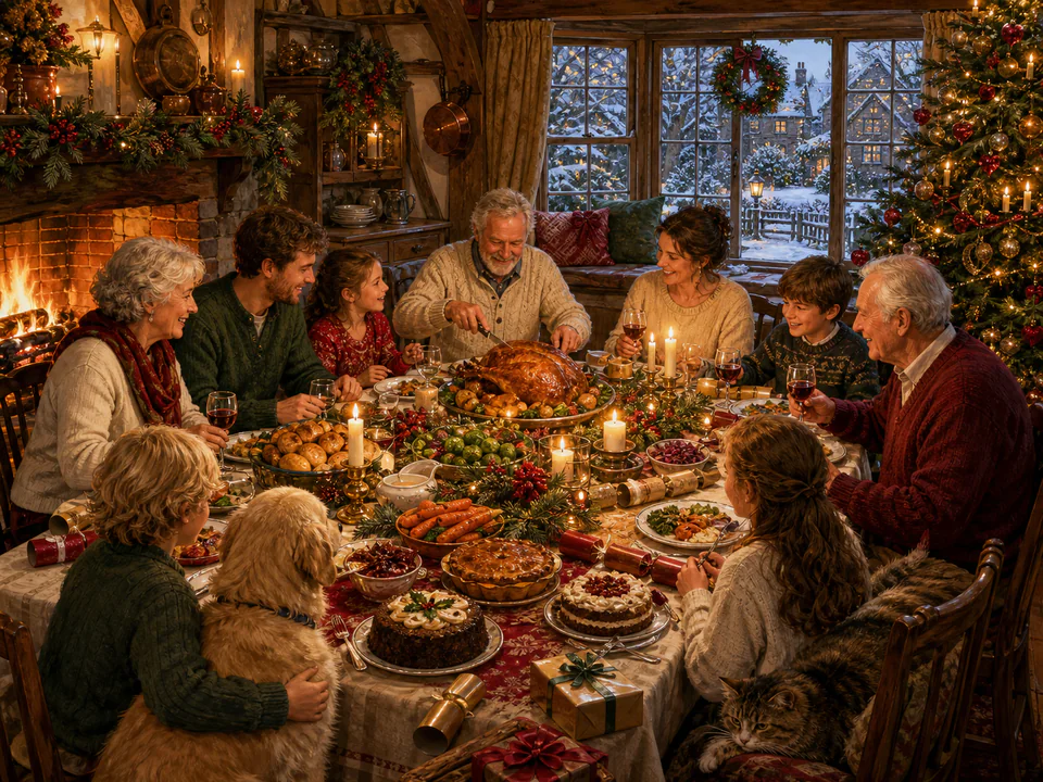 Christmas Family Table, an illustrated seasonal celebrations jigsaw puzzle scene