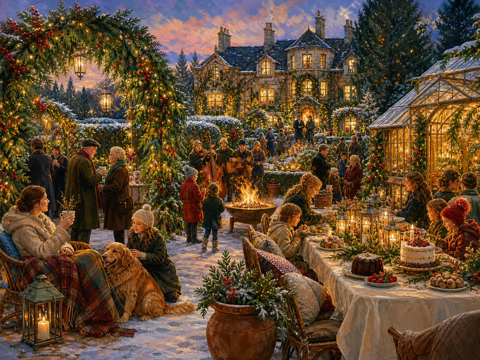 Christmas Garden Party, an illustrated seasonal celebrations jigsaw puzzle scene