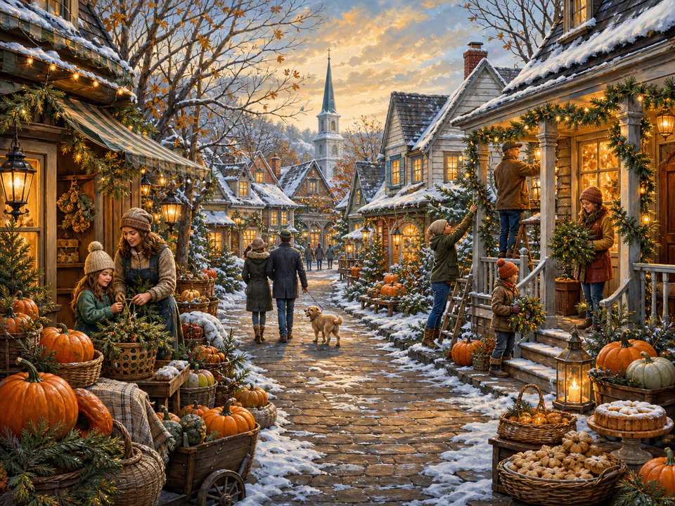 Christmas Pumpkin Lane, an illustrated seasonal celebrations jigsaw puzzle scene