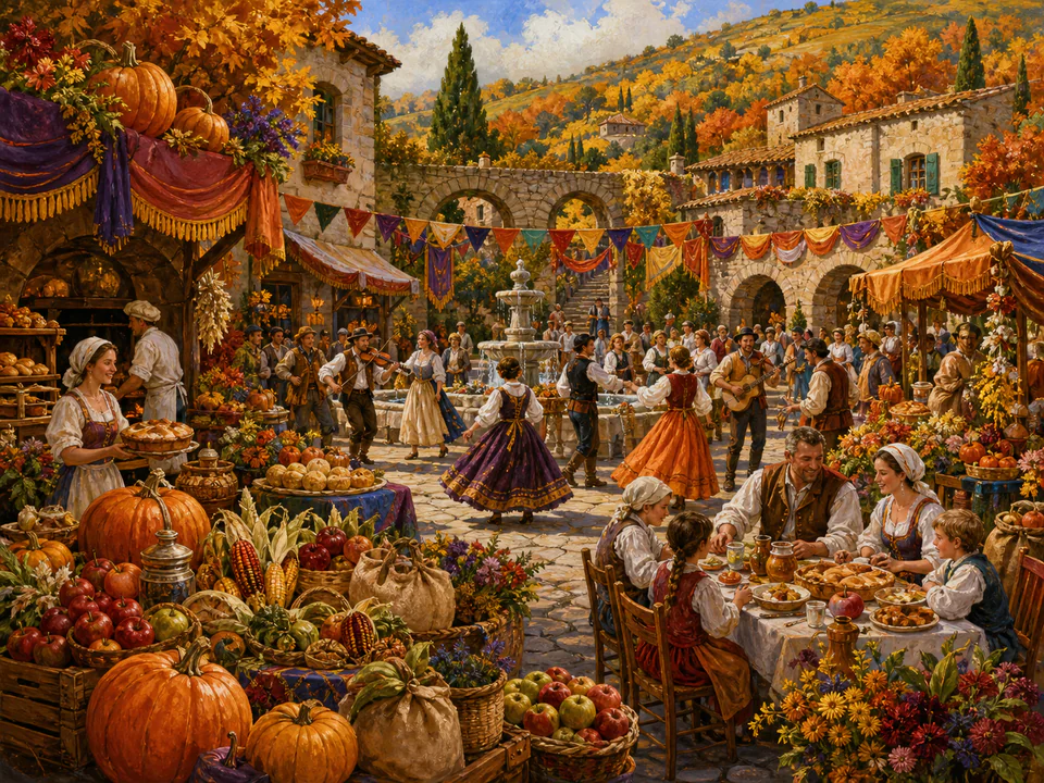 Harvest Village Festival, an illustrated seasonal celebrations jigsaw puzzle scene