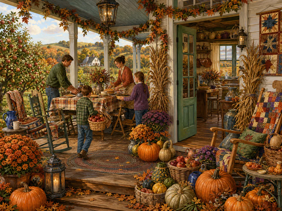 Harvest Decorated Porch, an illustrated seasonal celebrations jigsaw puzzle scene