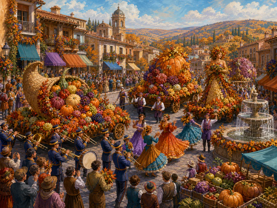 Harvest Town Parade, an illustrated seasonal celebrations jigsaw puzzle scene