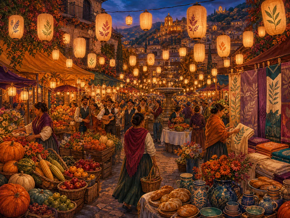 Harvest Market Lights, an illustrated seasonal celebrations jigsaw puzzle scene