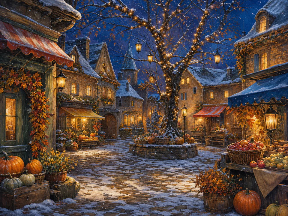 Harvest Snowy Square, an illustrated seasonal celebrations jigsaw puzzle scene