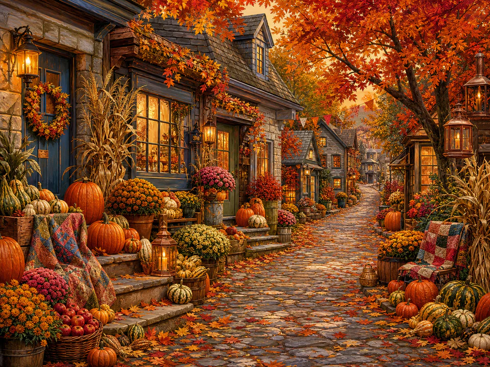 Harvest Pumpkin Lane, an illustrated seasonal celebrations jigsaw puzzle scene
