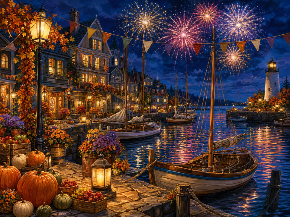 Harvest Firework Harbor, an illustrated seasonal celebrations jigsaw puzzle scene