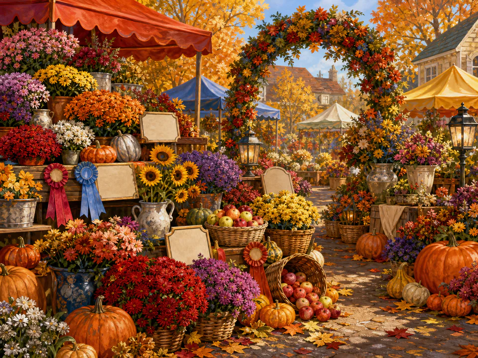 Harvest Flower Fair, an illustrated seasonal celebrations jigsaw puzzle scene