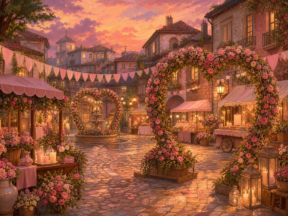 Valentine Village Festival, an illustrated seasonal celebrations jigsaw puzzle scene