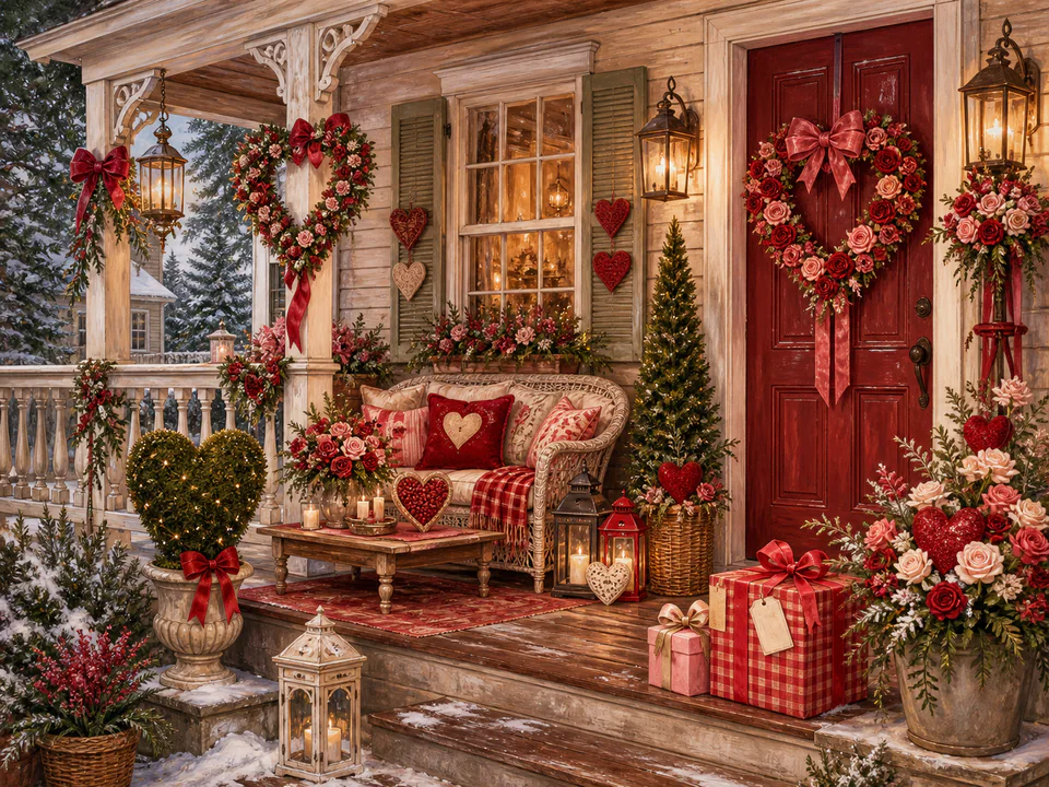 Valentine Decorated Porch, an illustrated seasonal celebrations jigsaw puzzle scene