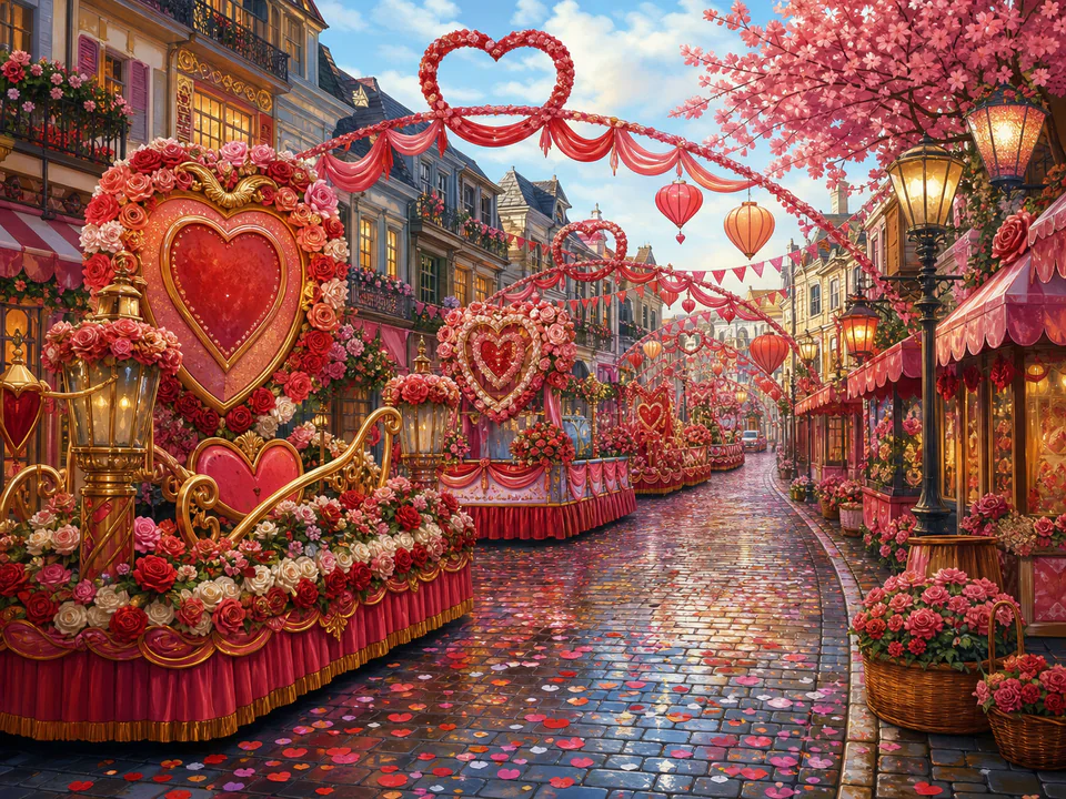 Valentine Town Parade, an illustrated seasonal celebrations jigsaw puzzle scene