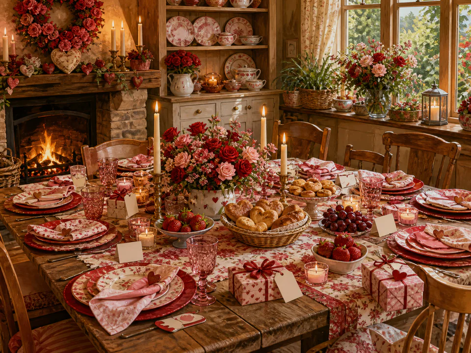 Valentine Family Table, an illustrated seasonal celebrations jigsaw puzzle scene
