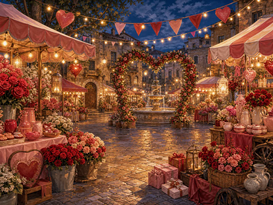 Valentine Market Lights, an illustrated seasonal celebrations jigsaw puzzle scene