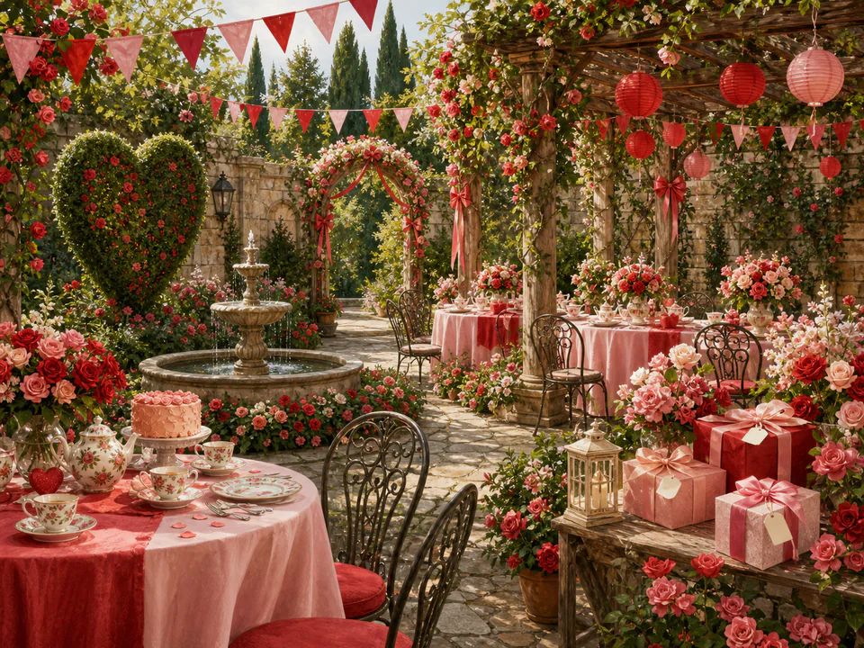 Valentine Garden Party, an illustrated seasonal celebrations jigsaw puzzle scene