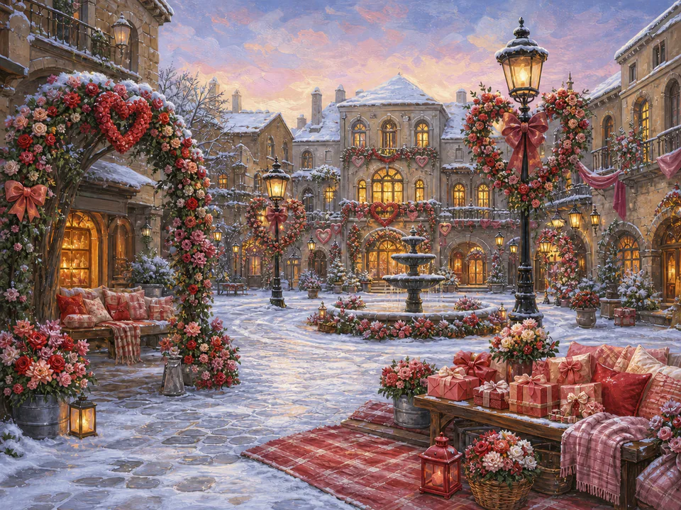Valentine Snowy Square, an illustrated seasonal celebrations jigsaw puzzle scene