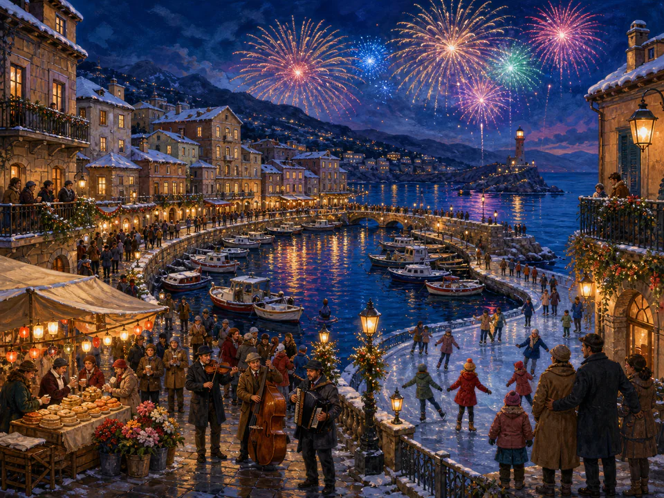 Valentine Firework Harbor, an illustrated seasonal celebrations jigsaw puzzle scene