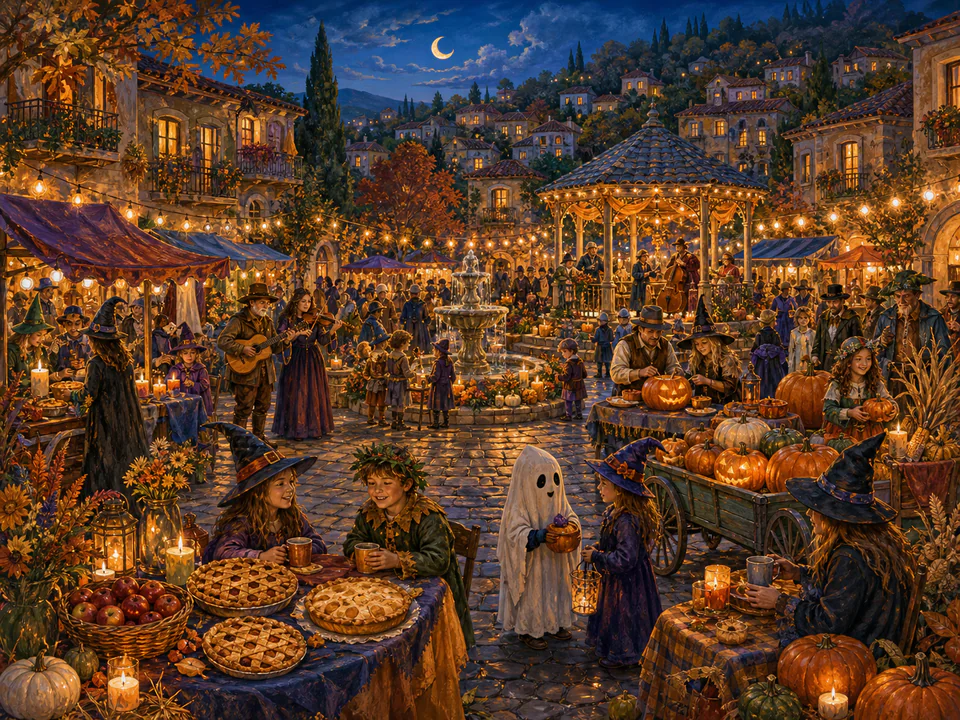 Halloween Village Festival, an illustrated seasonal celebrations jigsaw puzzle scene