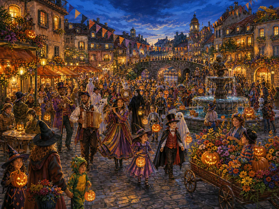 Halloween Town Parade, an illustrated seasonal celebrations jigsaw puzzle scene