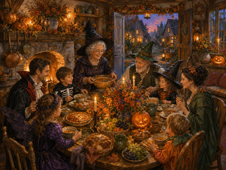 Halloween Family Table, an illustrated seasonal celebrations jigsaw puzzle scene