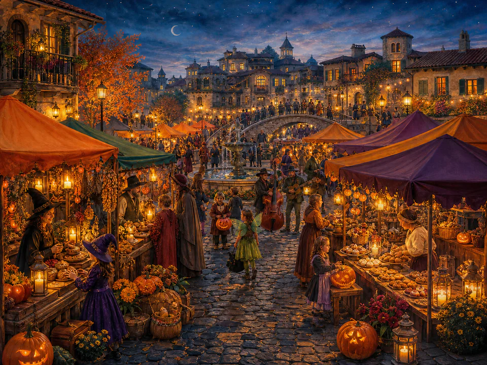 Halloween Market Lights, an illustrated seasonal celebrations jigsaw puzzle scene