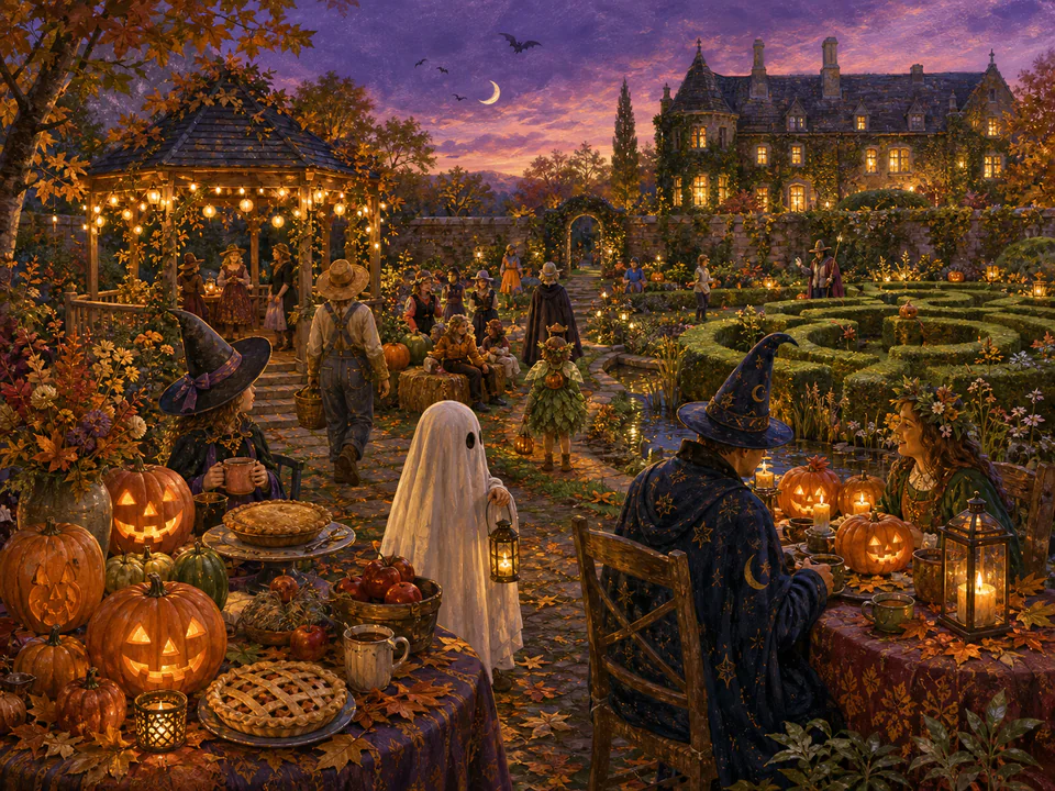 Halloween Garden Party, an illustrated seasonal celebrations jigsaw puzzle scene