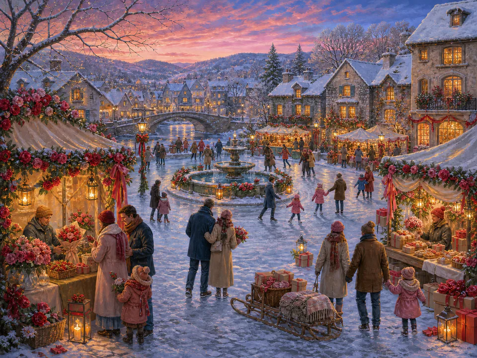 Halloween Snowy Square, an illustrated seasonal celebrations jigsaw puzzle scene