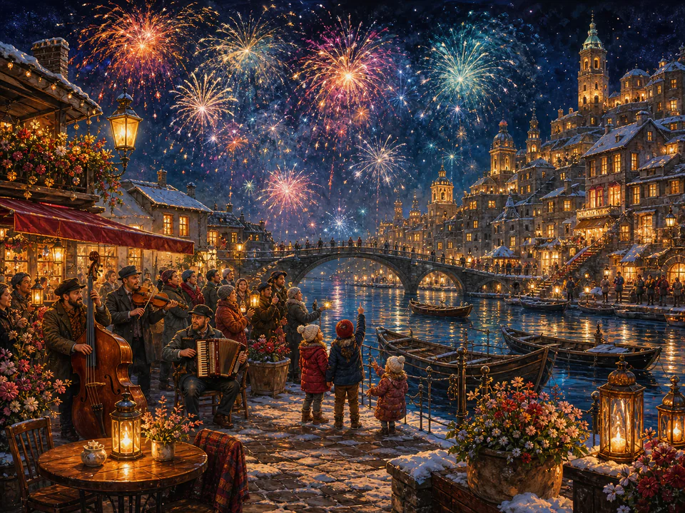 Halloween Firework Harbor, an illustrated seasonal celebrations jigsaw puzzle scene