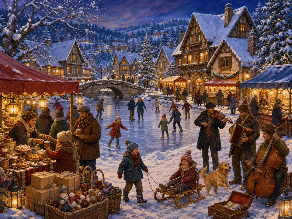 New Year Village Festival, an illustrated seasonal celebrations jigsaw puzzle scene