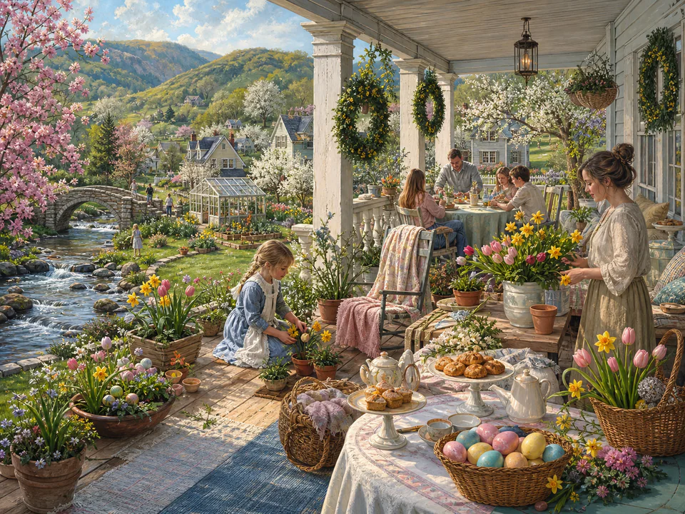 New Year Decorated Porch, an illustrated seasonal celebrations jigsaw puzzle scene