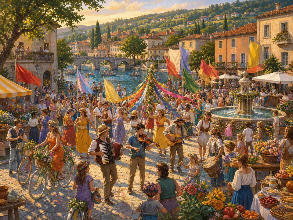 New Year Town Parade, an illustrated seasonal celebrations jigsaw puzzle scene