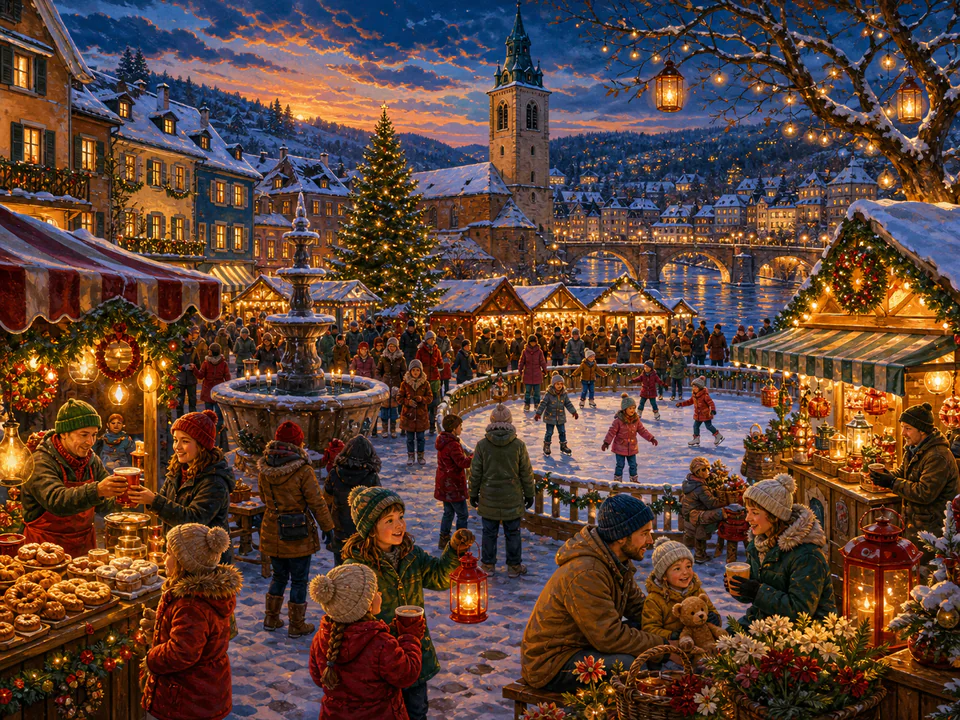 New Year Market Lights, an illustrated seasonal celebrations jigsaw puzzle scene