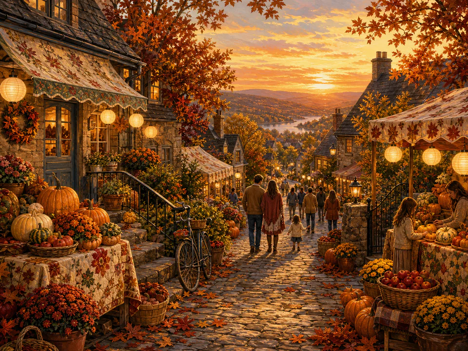 New Year Pumpkin Lane, an illustrated seasonal celebrations jigsaw puzzle scene