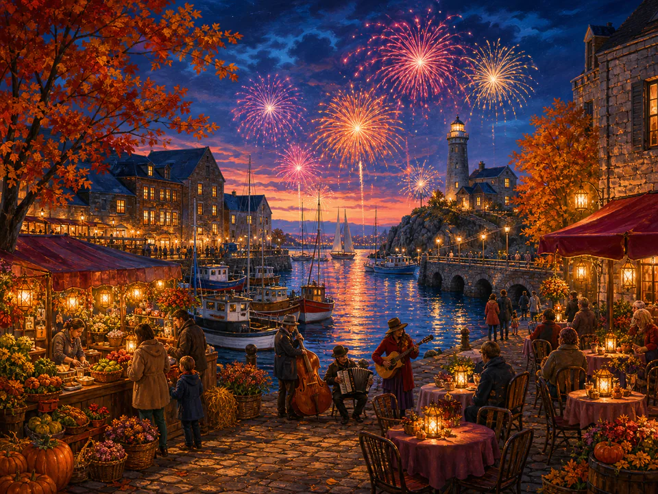 New Year Firework Harbor, an illustrated seasonal celebrations jigsaw puzzle scene