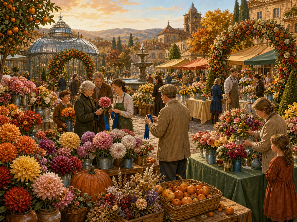 New Year Flower Fair, an illustrated seasonal celebrations jigsaw puzzle scene