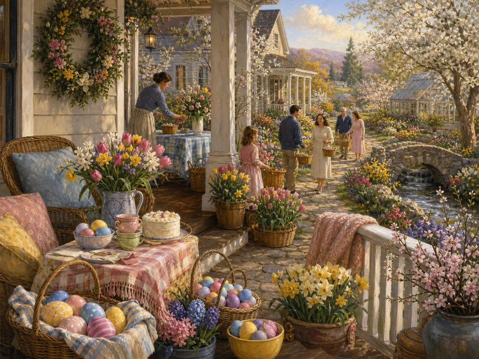 Easter Decorated Porch, an illustrated seasonal celebrations jigsaw puzzle scene