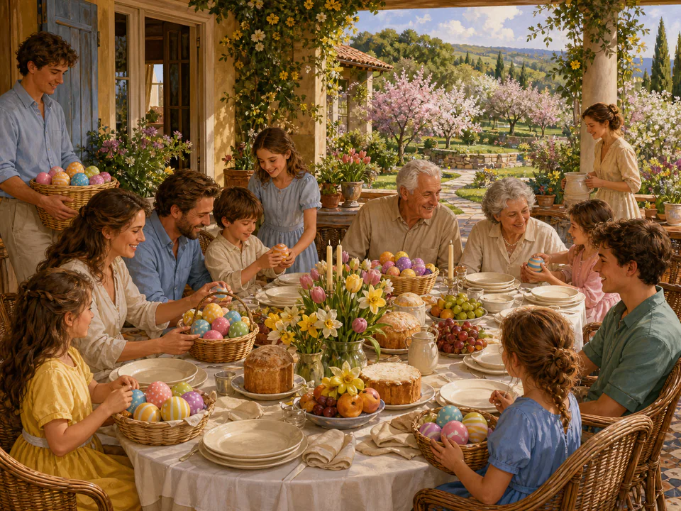 Easter Family Table, an illustrated seasonal celebrations jigsaw puzzle scene