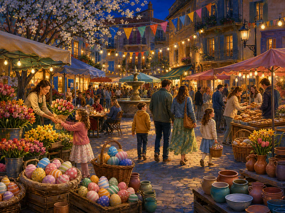 Easter Market Lights, an illustrated seasonal celebrations jigsaw puzzle scene