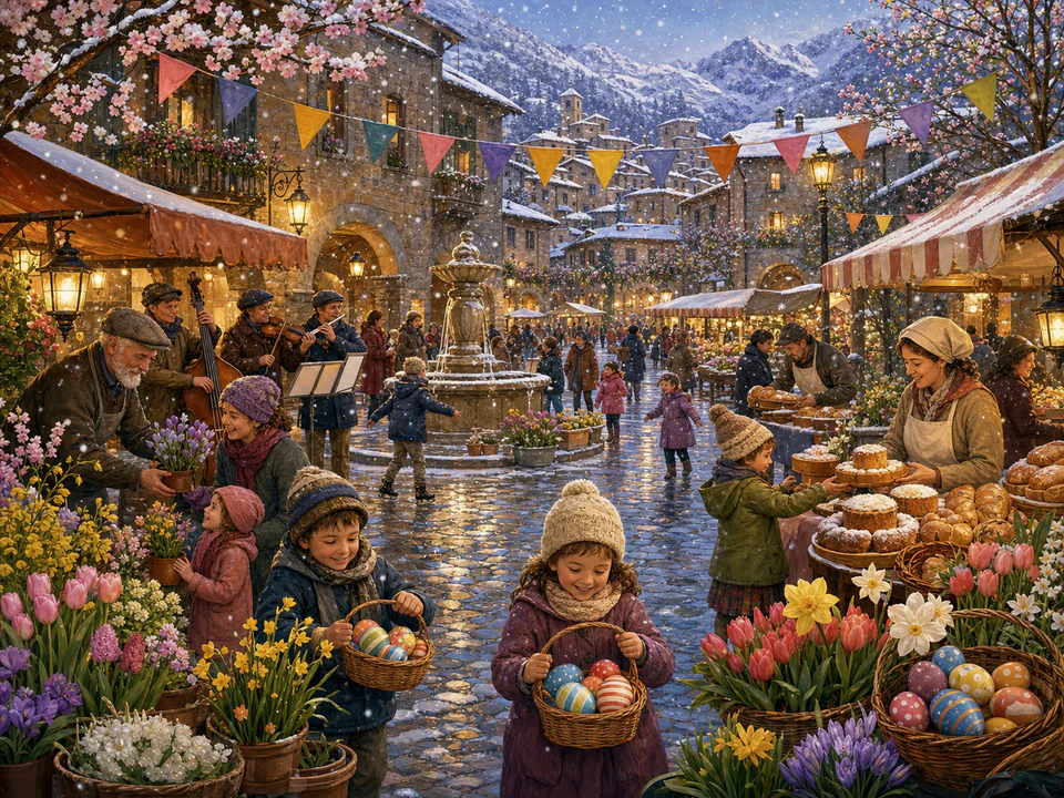 Easter Snowy Square, an illustrated seasonal celebrations jigsaw puzzle scene