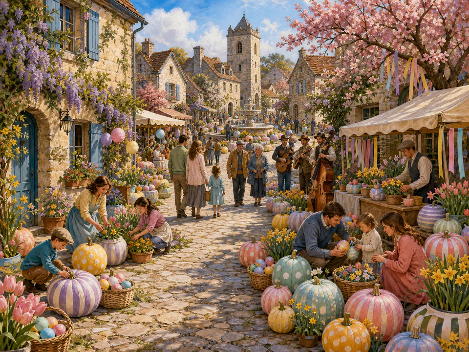 Easter Pumpkin Lane, an illustrated seasonal celebrations jigsaw puzzle scene