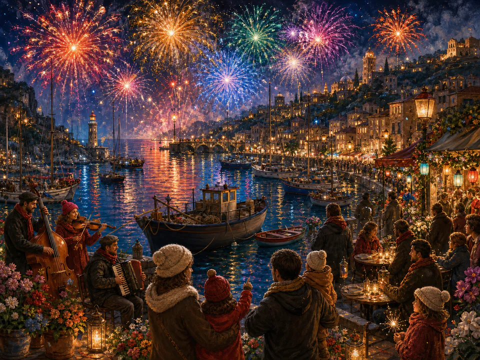 Easter Firework Harbor, an illustrated seasonal celebrations jigsaw puzzle scene