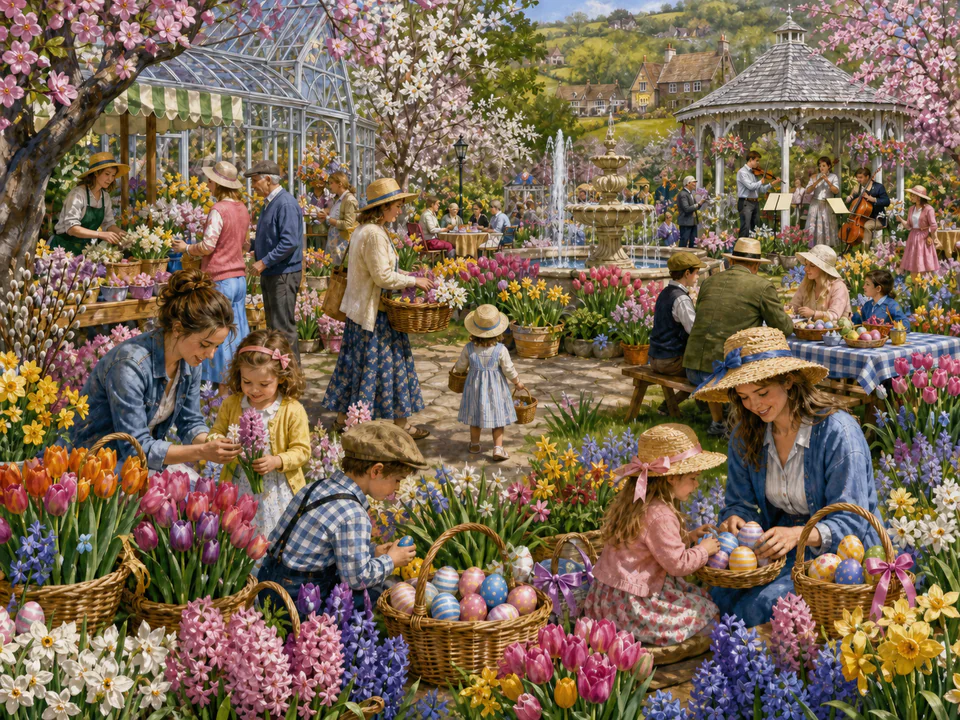 Easter Flower Fair, an illustrated seasonal celebrations jigsaw puzzle scene