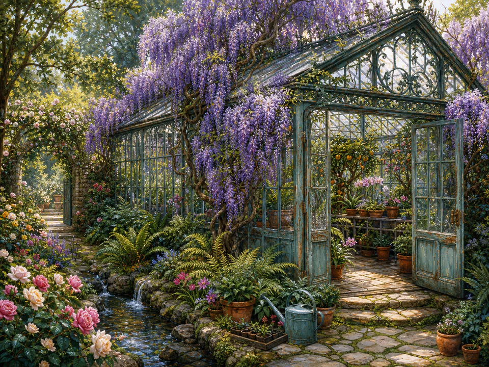 Wisteria Greenhouse, an illustrated secret gardens jigsaw puzzle scene