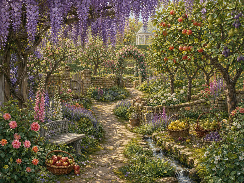Wisteria Orchard Path, an illustrated secret gardens jigsaw puzzle scene