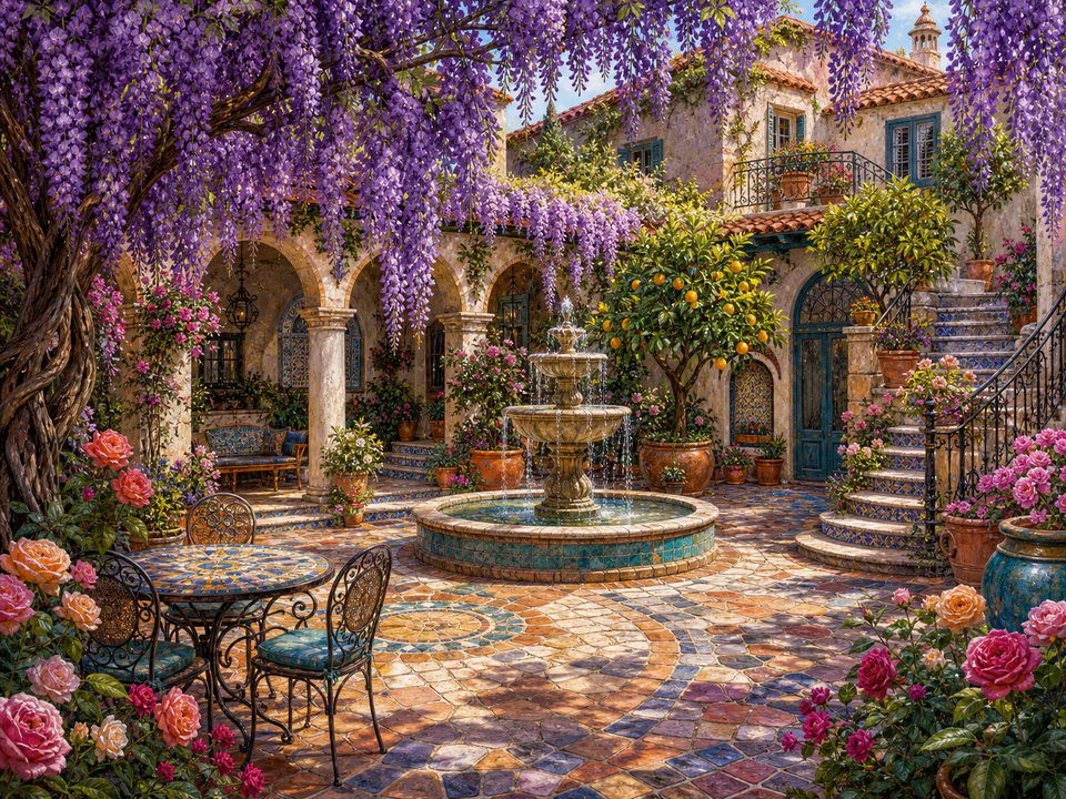 Wisteria Courtyard, an illustrated secret gardens jigsaw puzzle scene