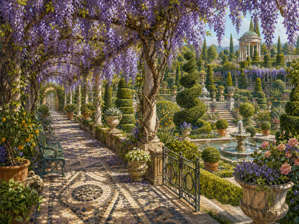 Wisteria Topiary Walk, an illustrated secret gardens jigsaw puzzle scene