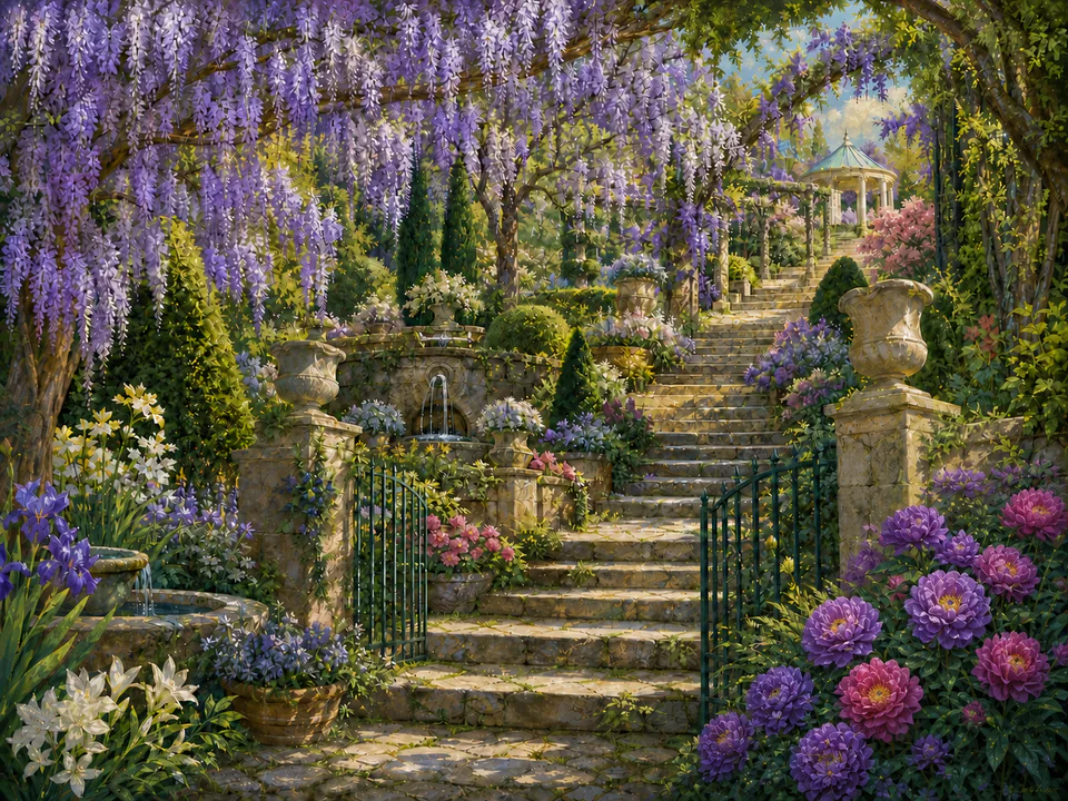Wisteria Flower Steps, an illustrated secret gardens jigsaw puzzle scene