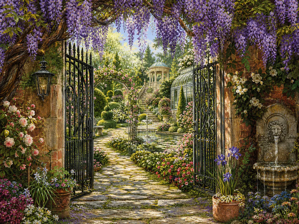 Wisteria Secret Gate, an illustrated secret gardens jigsaw puzzle scene